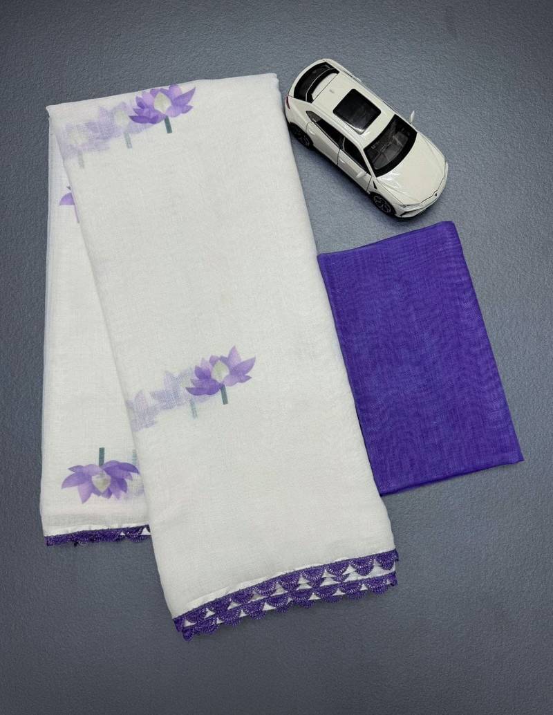 white purple color linen cotton blend digital printed fancy lace border sarees