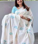 white sky blue color linen cotton blend digital printed fancy lace border sarees