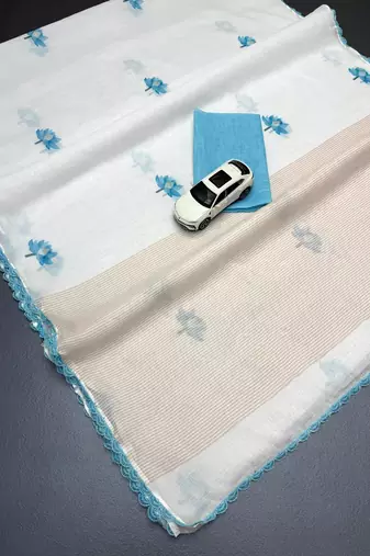 white sky blue color linen cotton blend digital printed fancy lace border sarees