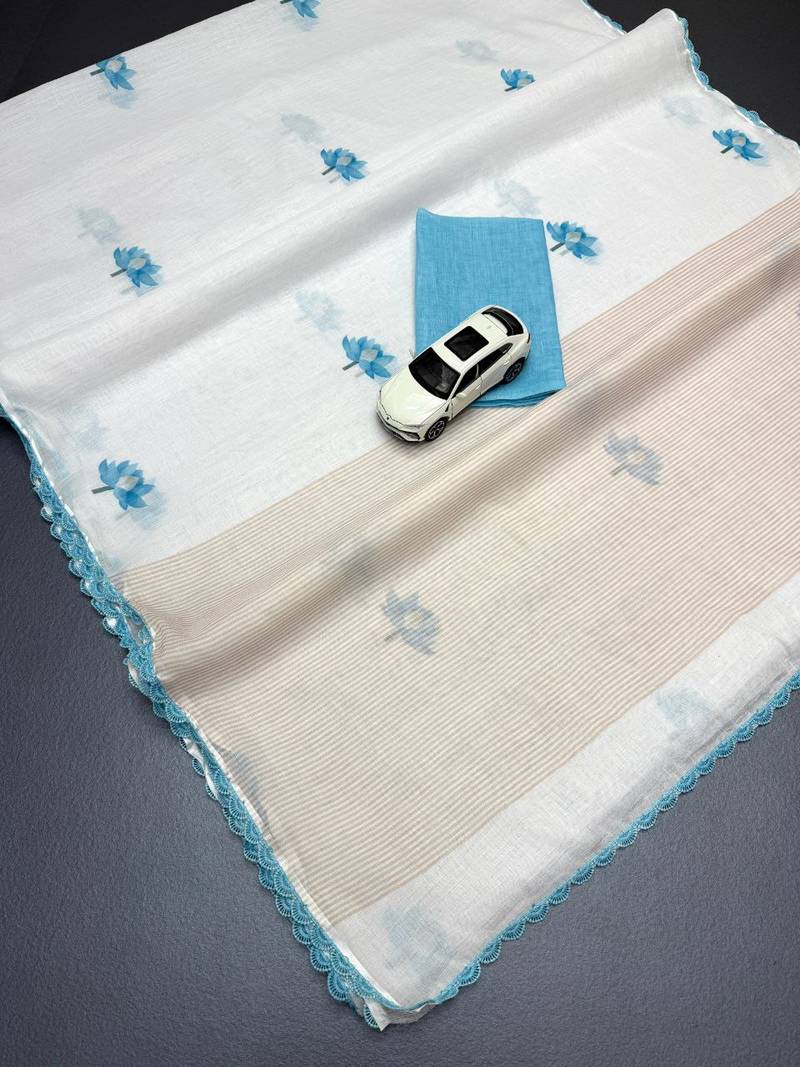 white sky blue color linen cotton blend digital printed fancy lace border sarees