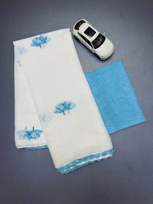 white sky blue color linen cotton blend digital printed fancy lace border sarees 3