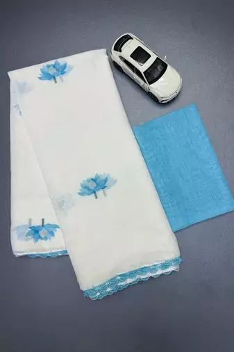 white sky blue color linen cotton blend digital printed fancy lace border sarees