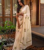 off white-multi color linen cotton blend digital printed sarees