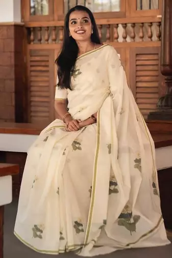 off white-multi color linen cotton blend digital printed sarees