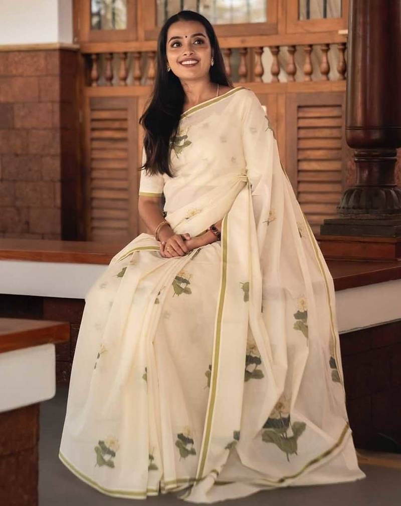 off white-multi color linen cotton blend digital printed sarees