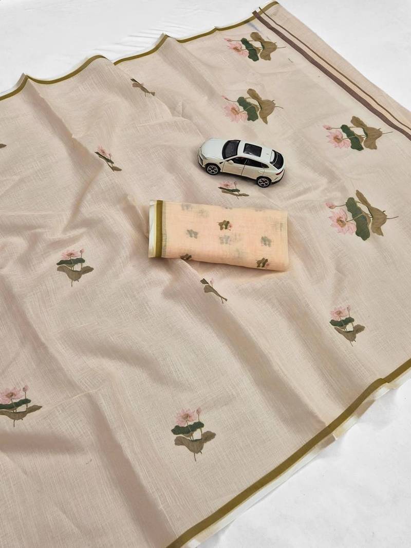 off white-multi color linen cotton blend digital printed sarees