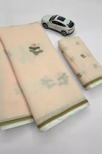 off white-multi color linen cotton blend digital printed sarees