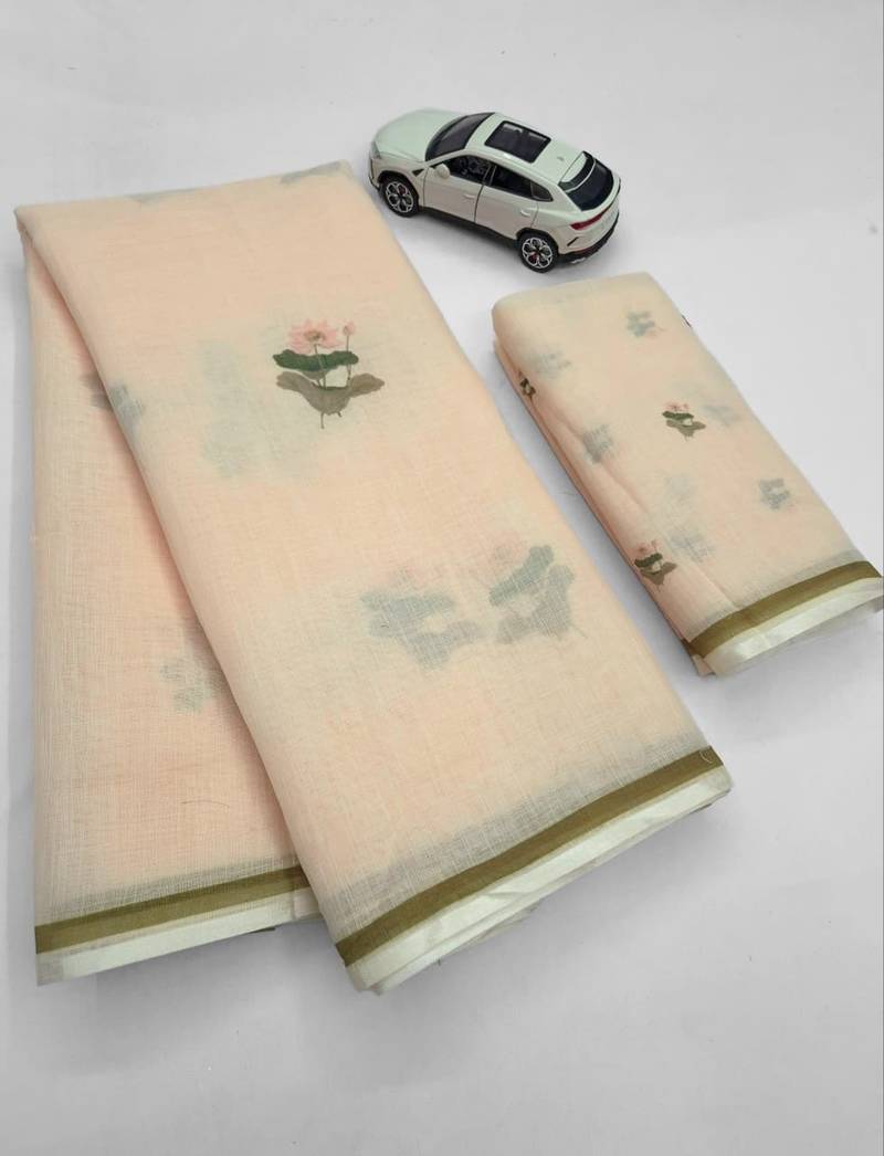 off white-multi color linen cotton blend digital printed sarees