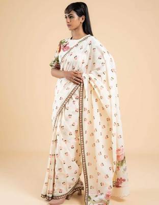 white-pink color linen cotton blend flower digital printed sarees 1