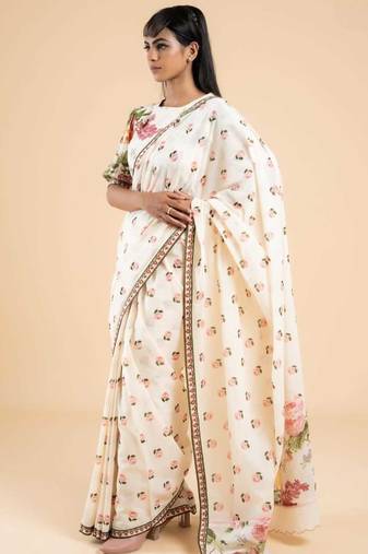 white-pink color linen cotton blend flower digital printed sarees