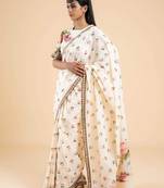 white-pink color linen cotton blend flower digital printed sarees