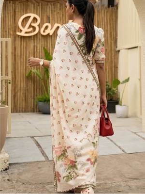 white-pink color linen cotton blend flower digital printed sarees 3