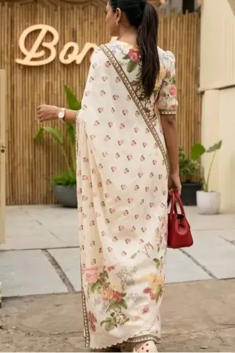 white-pink color linen cotton blend flower digital printed sarees