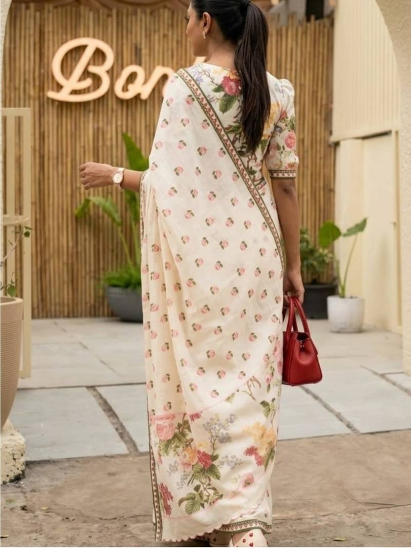 white-pink color linen cotton blend flower digital printed sarees