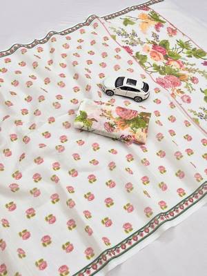 white-pink color linen cotton blend flower digital printed sarees 4