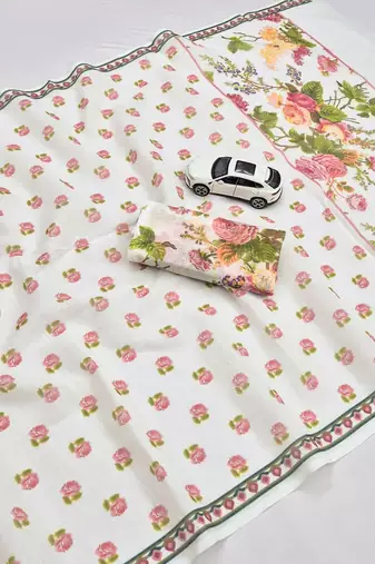 white-pink color linen cotton blend flower digital printed sarees