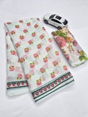 white-pink color linen cotton blend flower digital printed sarees 5