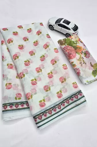 white-pink color linen cotton blend flower digital printed sarees