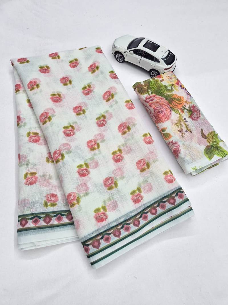 white-pink color linen cotton blend flower digital printed sarees
