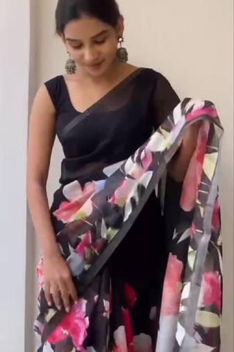 black color linen cotton blend digital printed sarees