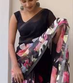 black color linen cotton blend digital printed sarees