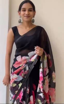 black color linen cotton blend digital printed sarees 2