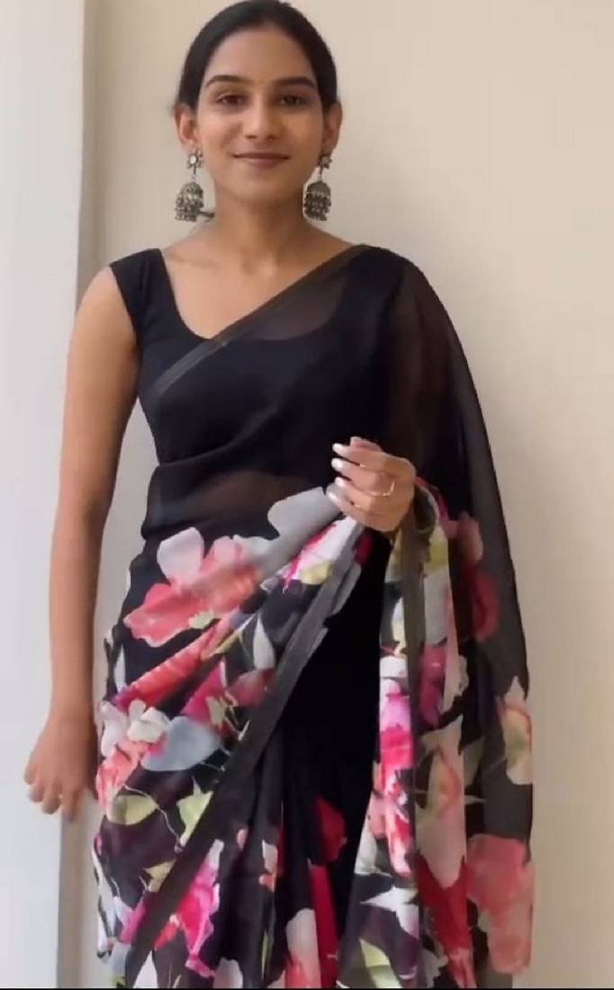 black color linen cotton blend digital printed sarees