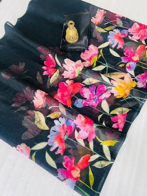 black color linen cotton blend digital printed sarees 3
