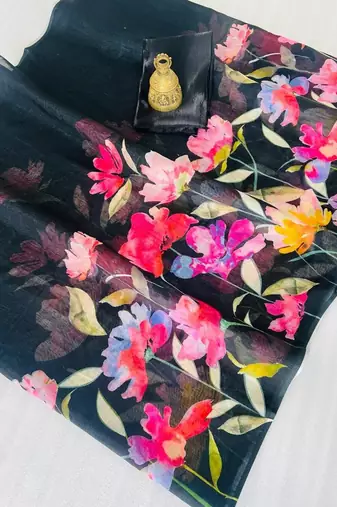 black color linen cotton blend digital printed sarees