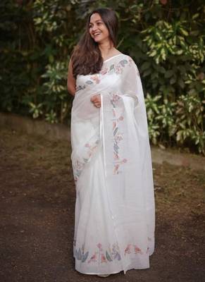 white-blue color linen cotton blend digital printed sarees 1