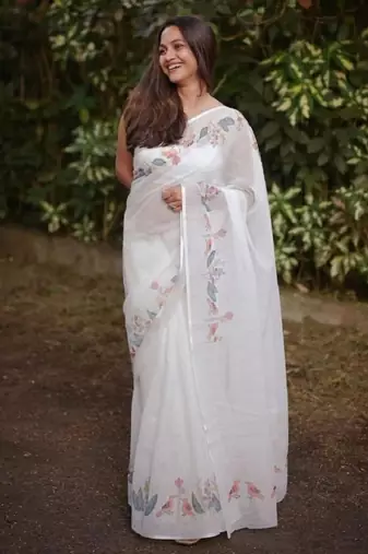 white-blue color linen cotton blend digital printed sarees