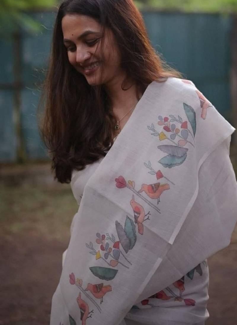 white-blue color linen cotton blend digital printed sarees