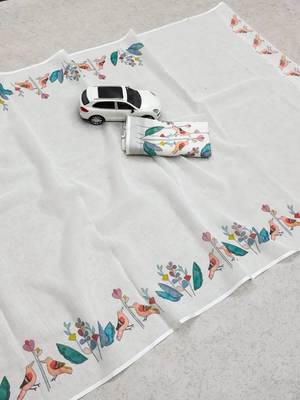 white-blue color linen cotton blend digital printed sarees 3