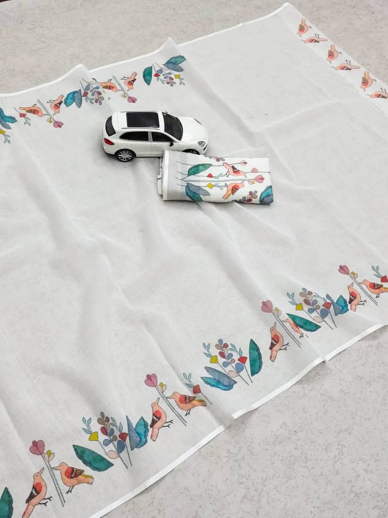 white-blue color linen cotton blend digital printed sarees