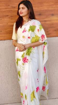 white-green color linen cotton blend digital printed sarees 1