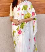 white-green color linen cotton blend digital printed sarees