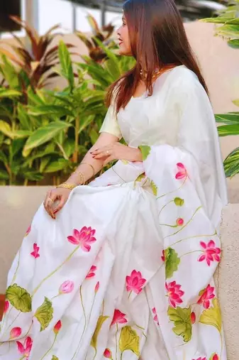 white-green color linen cotton blend digital printed sarees