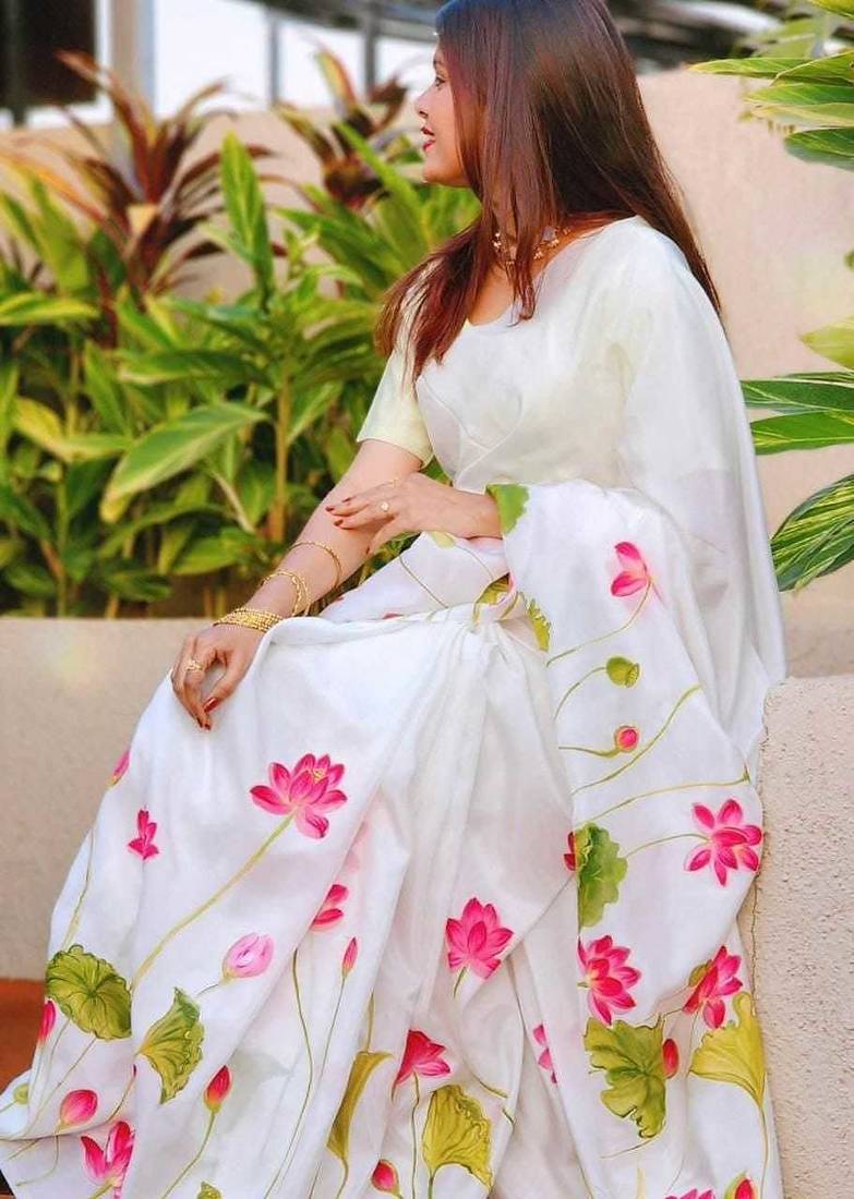 white-green color linen cotton blend digital printed sarees