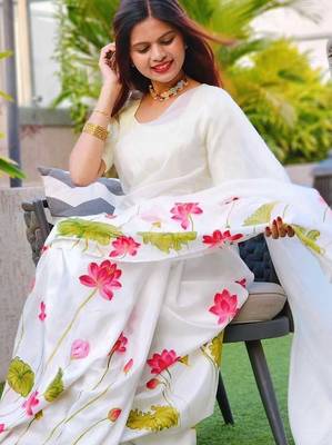 white-green color linen cotton blend digital printed sarees 3