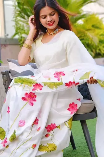 white-green color linen cotton blend digital printed sarees