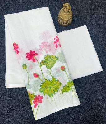 white-green color linen cotton blend digital printed sarees 5