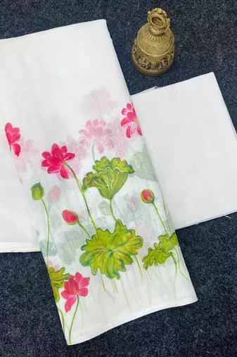 white-green color linen cotton blend digital printed sarees