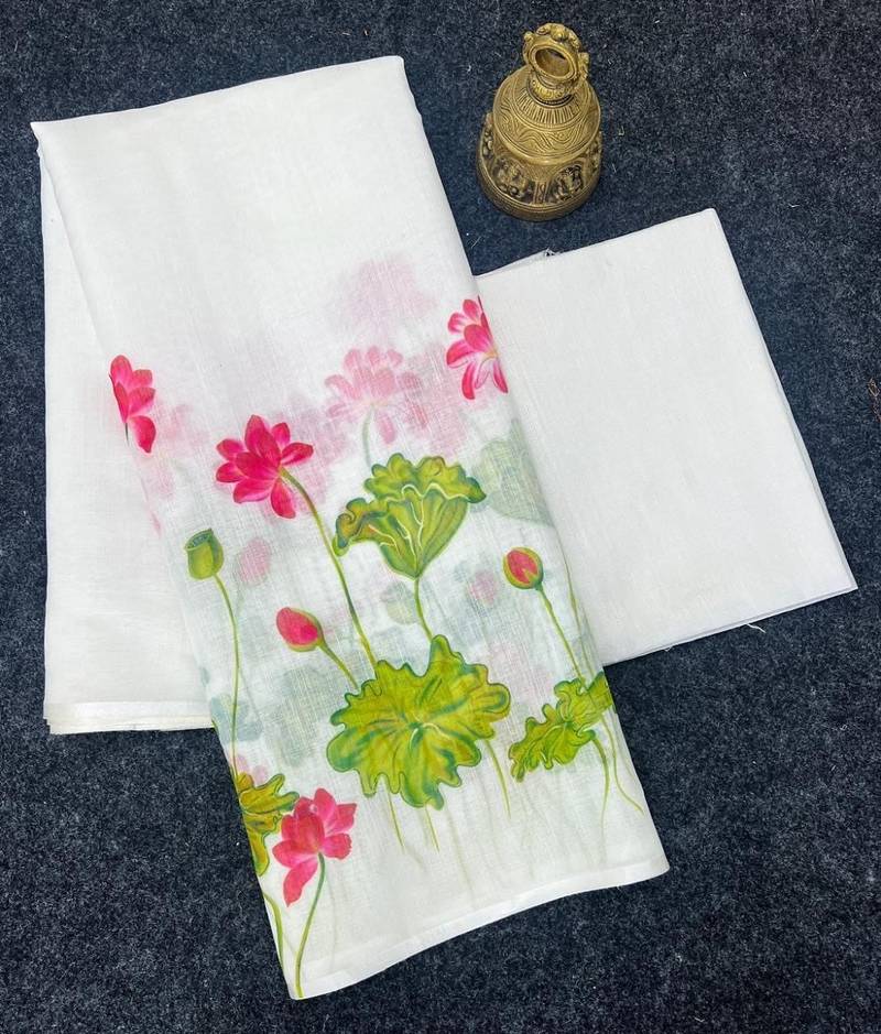 white-green color linen cotton blend digital printed sarees
