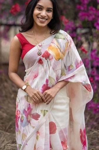 white-red color linen cotton blend digital printed sarees