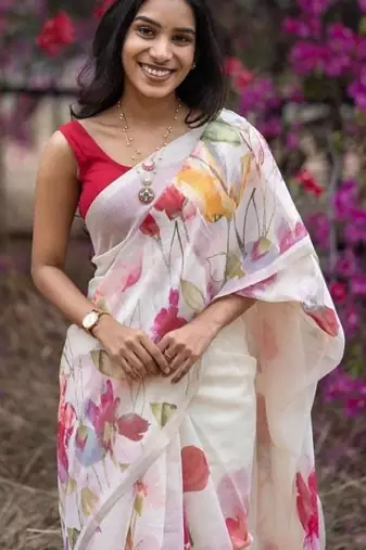 white-red color linen cotton blend digital printed sarees