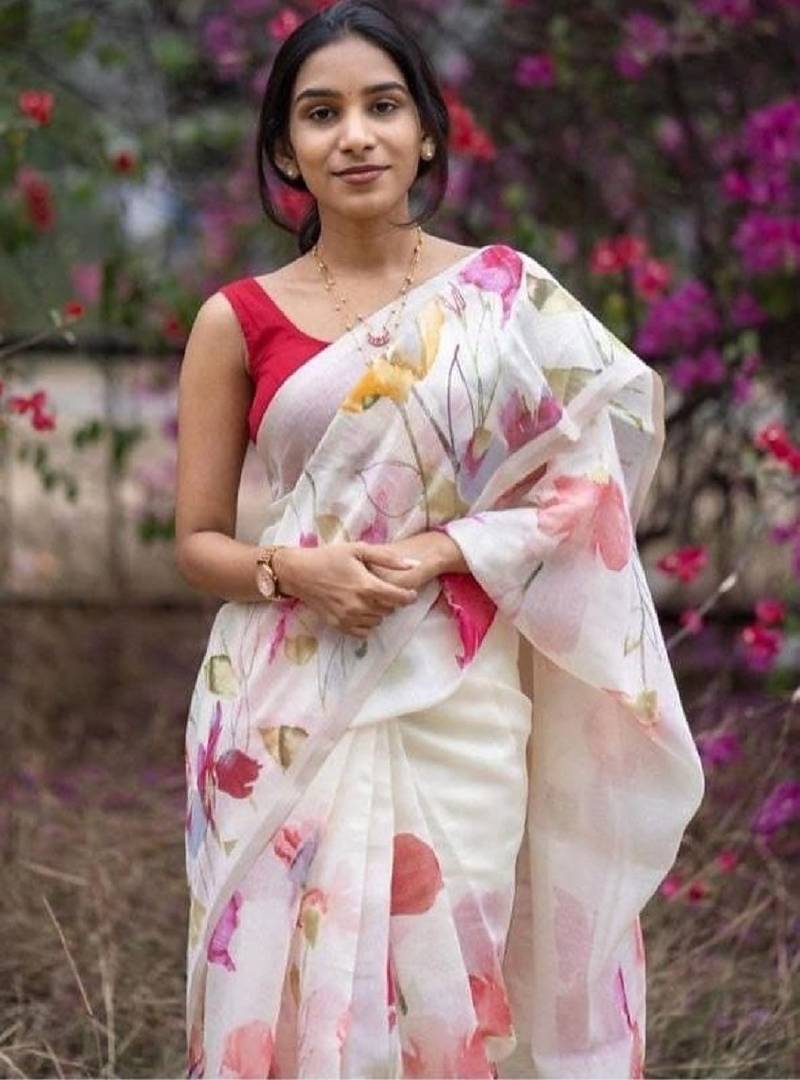 white-red color linen cotton blend digital printed sarees