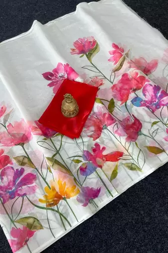 white-red color linen cotton blend digital printed sarees