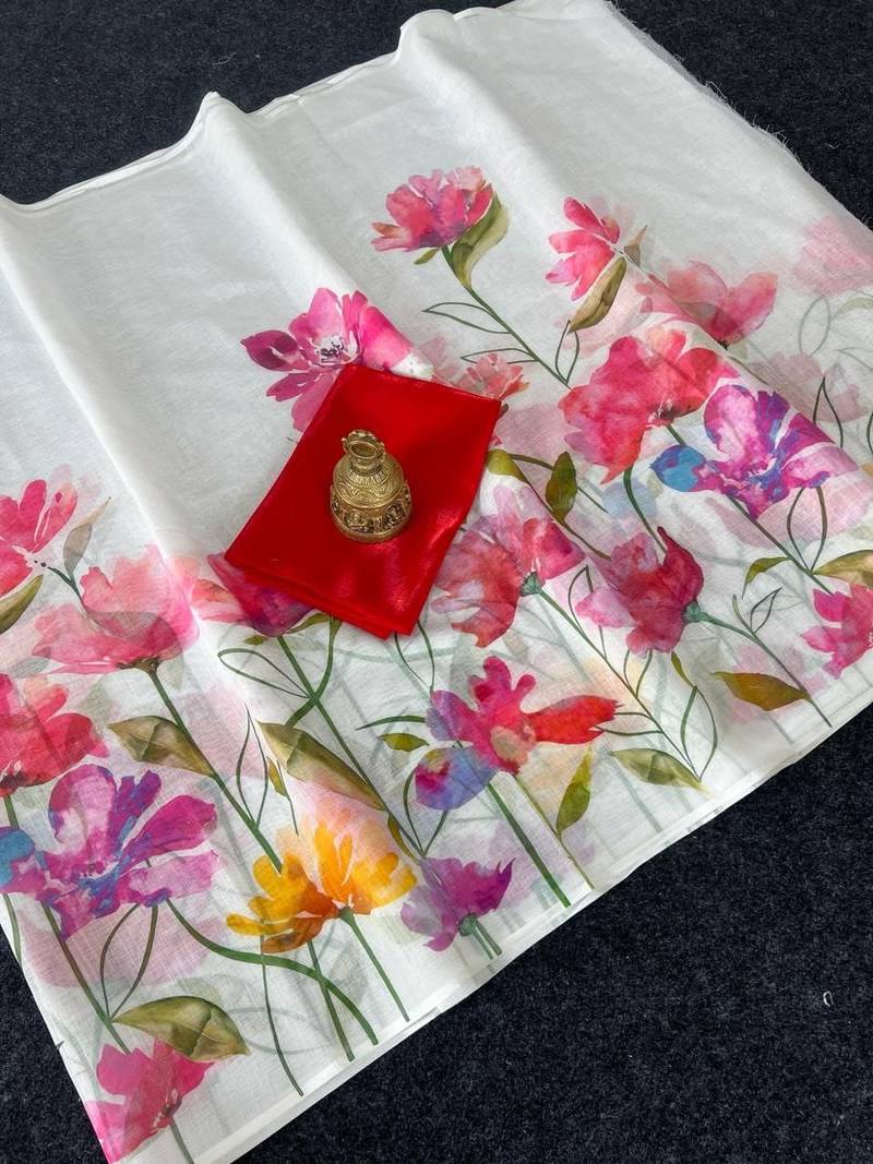 white-red color linen cotton blend digital printed sarees