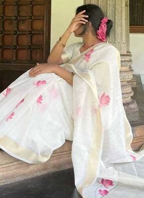white pink color linen cotton blend digital printed sarees 1