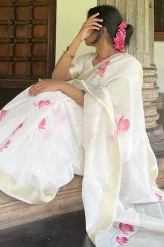 white pink color linen cotton blend digital printed sarees